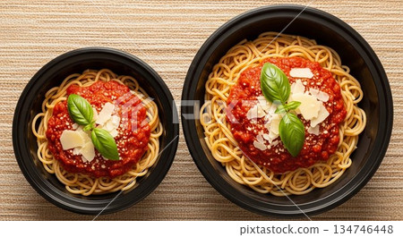 Close-up comparison of standard and extra-large pasta 134746448