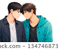 Illustration of two young men looking at each other wearing matching necklaces 134746873