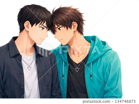 Illustration of two young men looking at each other wearing matching necklaces 134746873