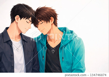 An illustration of two young men standing close together wearing matching necklaces 134746874