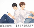 Two young men sitting back to back Illustration of a young man looking at a smartphone 134746887