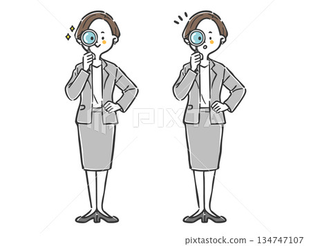 女商人透過放大鏡查看,全身像,向量圖 女商人透過放大鏡查看,全身像,向量圖 134747107