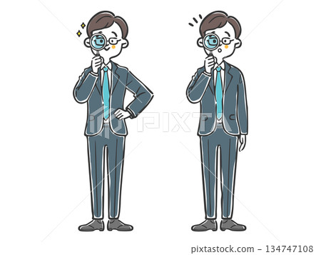 商人透過放大鏡查看,全身像,向量圖 商人透過放大鏡查看,全身像,向量圖 134747108