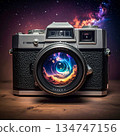 Retro camera and starry background 134747156