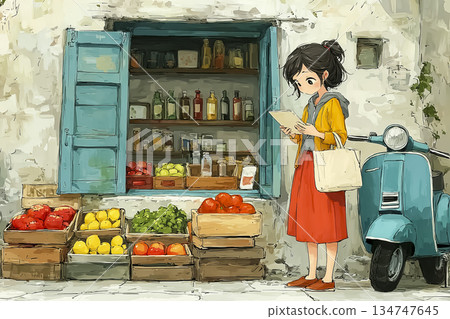 A woman and a scooter checking her smartphone in front of a greengrocer 134747645