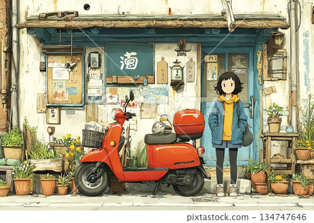 一個女孩站在一條老商業街上的一輛紅色踏板車旁。 134747646