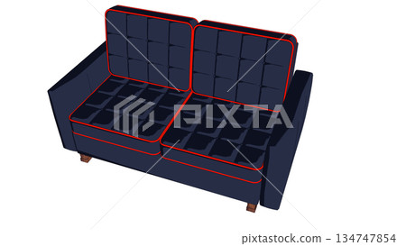 Illustration of a red line and a black sofa seen from diagonally above Illustration of a red line and a black sofa seen from diagonally above 134747854
