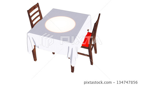 Illustration of a landscape with a table and chairs seen from an angle Illustration of a landscape with a table and chairs seen from an angle 134747856