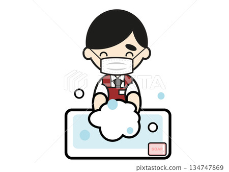 A male supermarket clerk wearing a mask and washing his hands A male supermarket clerk wearing a mask and washing his hands 134747869