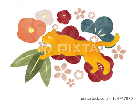 北歐風格的新年插畫，描繪了一隻老虎和一些植物。 134747970