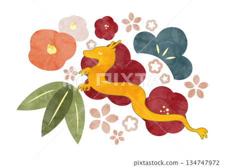 北歐風格的新年插畫，描繪了龍和植物。 134747972