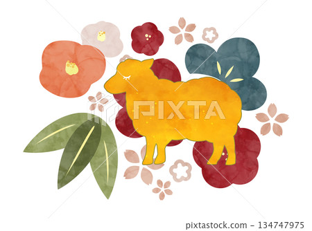 Scandinavian-style New Year's illustration of sheep and plants Scandinavian-style New Year's illustration of sheep and plants 134747975