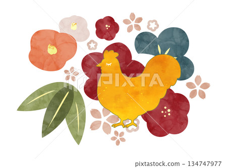北歐風格的新年插圖，描繪了雞和植物。 134747977