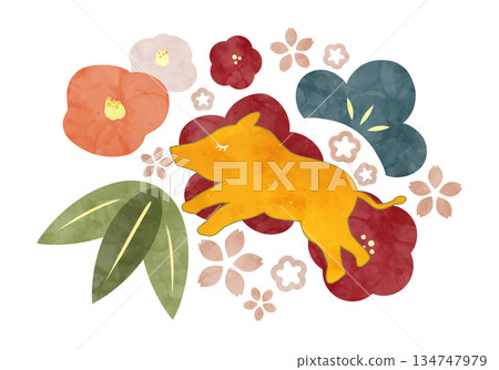 北歐風格的新年插畫,描繪了野豬和植物。 北歐風格的新年插畫,描繪了野豬和植物。 134747979