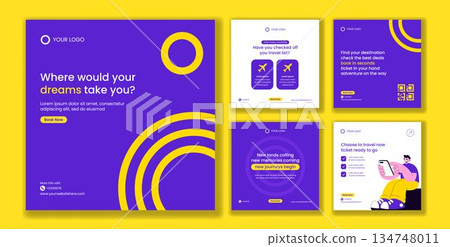 Online Ticket Travel Flat Cartoon Hand Drawn Templates for Social Media Post Illustration 134748011