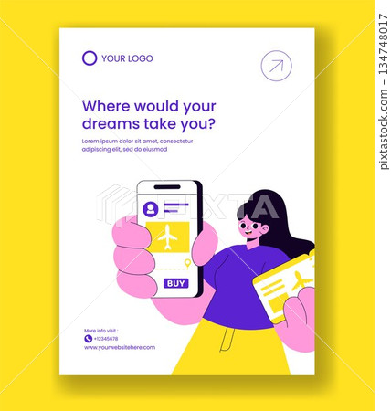 Hand Drawn Flat Cartoon Online Ticket Travel Design for Vertical Poster Illustration 134748017