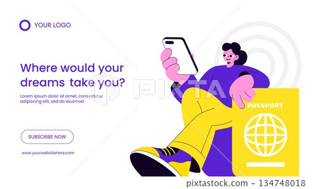 Flat Cartoon Hand Drawn Online Ticket Travel Template for Creative Thumbnail Design 134748018