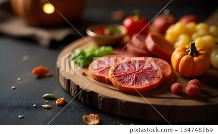 A plate of oranges and grapes surrounded by Halloween-themed decorations like jack o lanterns and spooky elements 134748169