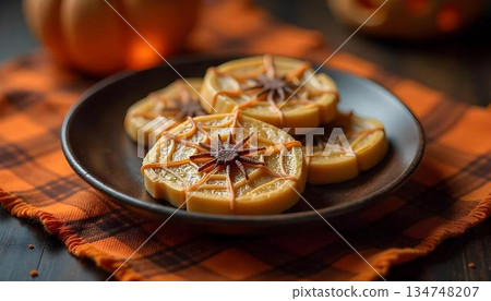 Halloween-themed chocolate-covered apples on a spooky plate, surrounded by festive decorations like pumpkins and ghosts 134748207