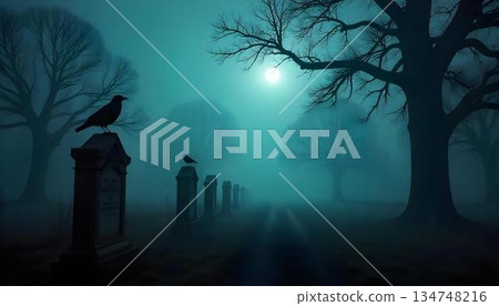 Haunting Halloween backdrop of a cemetery at night, featuring a glowing moon, a tombstone, and a bird in the shadows 134748216