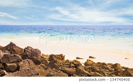Sea Background Shore Blue Water White Sky Season Summer Tropical Ocean Beautiful Wave Seascape Vacation Smooth Wallpaper Island Outdoor Tropical Coast Sandy Nature Landscape Space for Travel Relax. 134748408