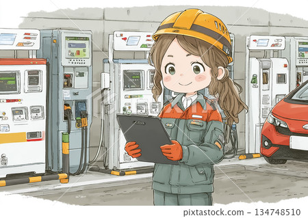 一名女工作人員正在電動車充電站檢查系統。 134748510