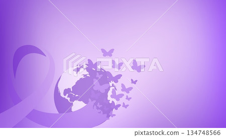 World Cancer Day awareness with lavender ribbon and earth World Cancer Day awareness with lavender ribbon and earth 134748566