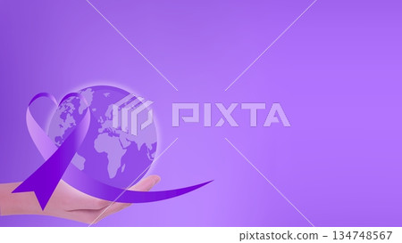Hand holding world globe with purple awareness ribbon Hand holding world globe with purple awareness ribbon 134748567