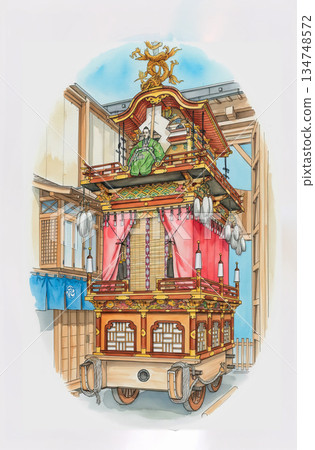 高山祭上裝飾華麗的花車，水彩和鋼筆畫 134748572