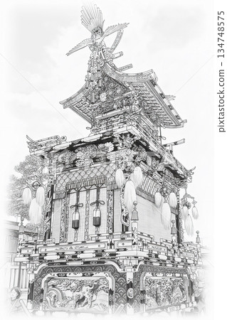 Gorgeously decorated floats at Takayama Festival, watercolor and pen drawings Gorgeously decorated floats at Takayama Festival, watercolor and pen drawings 134748575