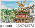 高山祭上裝飾華麗的花車，水彩和鋼筆畫 134748578