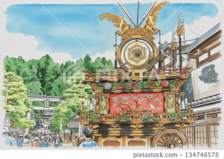 高山祭上裝飾華麗的花車,水彩和鋼筆畫 高山祭上裝飾華麗的花車,水彩和鋼筆畫 134748578