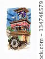 高山祭上裝飾華麗的花車，水彩和鋼筆畫 134748579