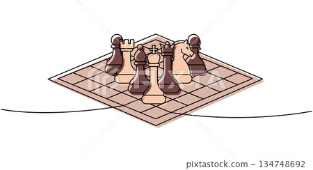 Modern line art of chess pieces arranged on a board, minimal composition in warm brown and beige color palette 134748692