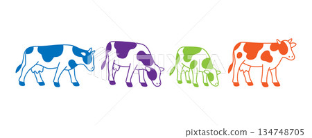 Set of cows in various poses and colors. Modern cartoon-style livestock icons Set of cows in various poses and colors. Modern cartoon-style livestock icons 134748705