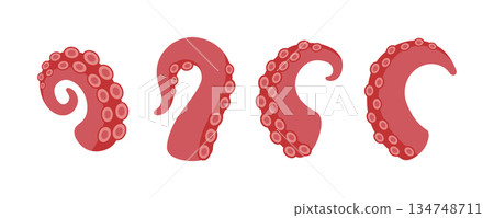 Octopus tentacles set with suction cups. Curved squid arms for underwater, nautical, fantasy and sea monster themes 134748711