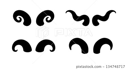 Set of curved animal horns. Decorative vector bull or ram horn shapes for tribal, fantasy, and design elements Set of curved animal horns. Decorative vector bull or ram horn shapes for tribal, fantasy, and design elements 134748717