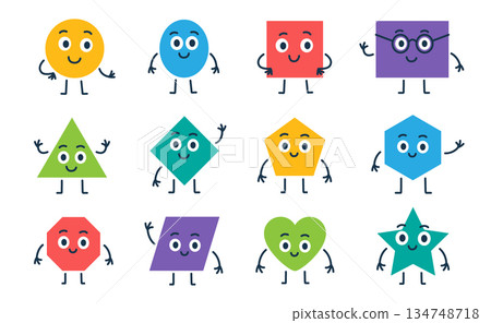Cute cartoon geometric shapes with happy faces, arms and legs. Fun vector illustration for children learning shapes and math 134748718