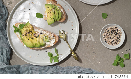 Toast with avocado cream cheese and wheat bread 134748884