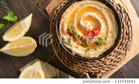 Delicious hummus in ceramic bowl Delicious hummus in ceramic bowl 134748891