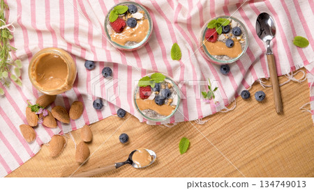 Chia pudding with oat and berries Chia pudding with oat and berries 134749013