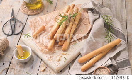 Gourmet Italian Grissini Breadsticks with Rosemary and Olive Oil 134749238