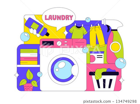 Laundry Room Vector Illustration Featuring Washing And Drying Machines, Basket Filled Dirty Clothes in a Flat Style Cartoon Background 134749298