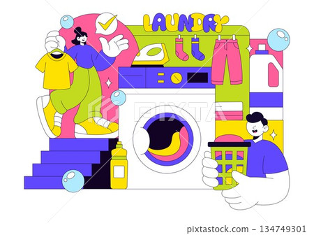 Laundry Room Vector Illustration Featuring Washing And Drying Machines, Basket Filled Dirty Clothes in a Flat Style Cartoon Background 134749301