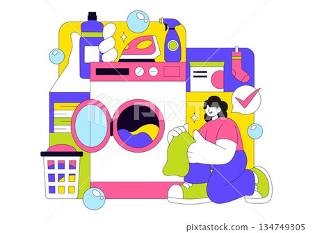 Laundry Room Vector Illustration Featuring Washing And Drying Machines, Basket Filled Dirty Clothes in a Flat Style Cartoon Background Laundry Room Vector Illustration Featuring Washing And Drying Machines, Basket Filled Dirty Clothes in a Flat Style Cartoon Background 134749305