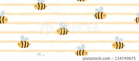 Nautical kids background with striped print. Abstract yellow waves and cute honey bee for kids room. Vector illustration Nautical kids background with striped print. Abstract yellow waves and cute honey bee for kids room. Vector illustration 134749675