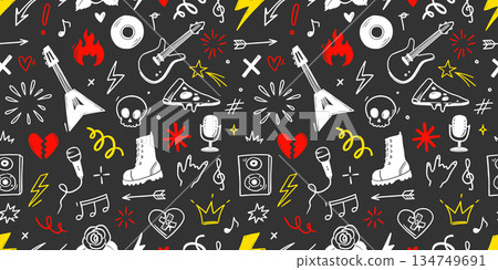 Rock music seamless pattern with guitar, skull, punk symbols. Hand drawn doodle grunge stickers with stars, roses and lightning bolts for rock music background, tattoo design. Vector 134749691