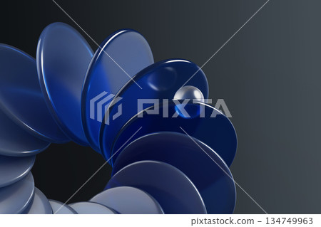 Blue glass circle array with crystal sphere on black 3d background. Abstract bg with circular motion effect of gradient transparent discs and clear white ball with light refraction. 3D illustration Blue glass circle array with crystal sphere on black 3d background. Abstract bg with circular motion effect of gradient transparent discs and clear white ball with light refraction. 3D illustration 134749963