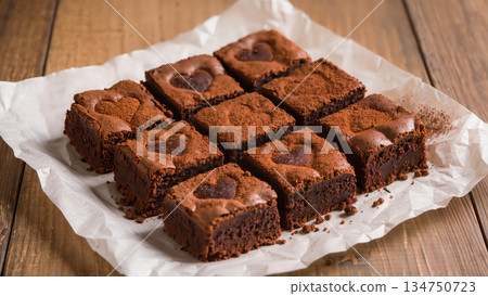 Chocolate brownies with heart shapes on top, dusted with cocoa powder and arranged on parchment paper. Sweet dessert concept. 134750723