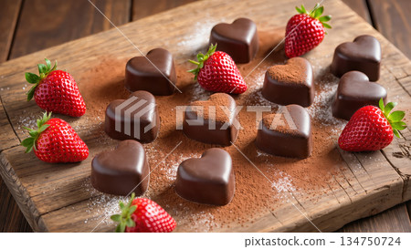 Heart-shaped chocolate candies with fresh strawberries on wooden board, dusted with cocoa powder. Romantic dessert concept. 134750724